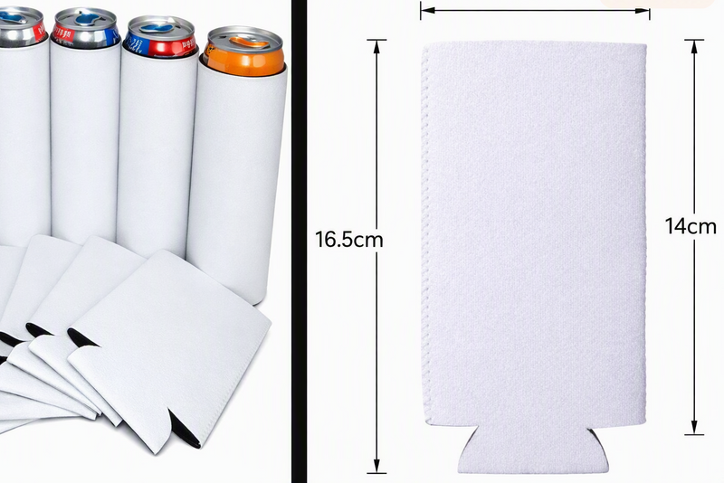AI-generated composite of white skinny-can foam sleeves and dimension diagram