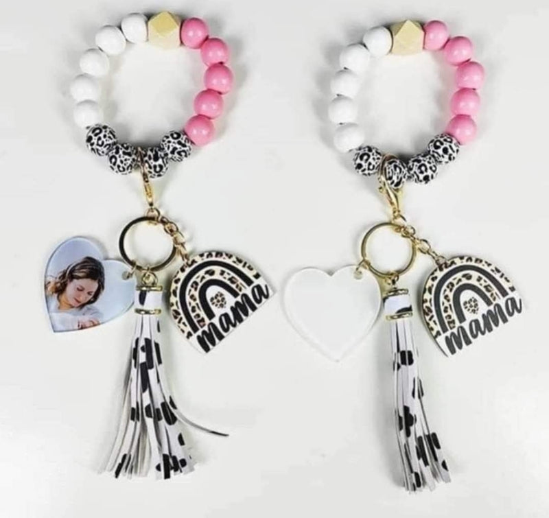 Mama Wooden Bead Keychain with Acrylic Sublimation Heart Blank | Gift Canada Front View - Sublimation Blank Canada | WestCoastCraft