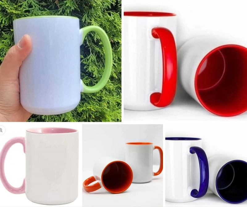 15 oz white ceramic sublimation mug blank with colored handle and interior - heat press ready