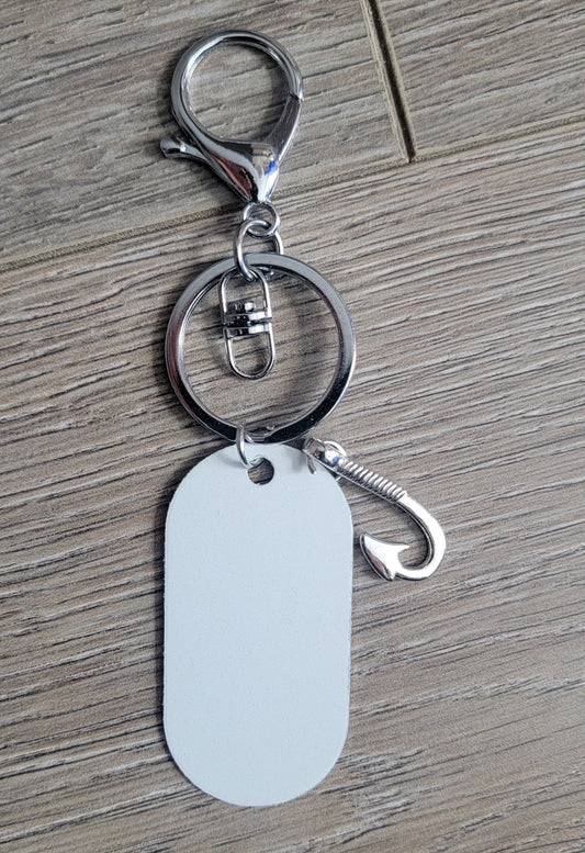 Fishing hook charm with dog tag aluminum disc