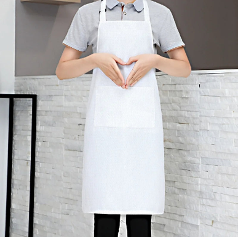 White Polyester Sublimation Apron Blank Being Worn - Premium Adult Size Custom Kitchen Apron for Heat Press Printing - Chef Apron with Adjustable Neck Strap - Wholesale Sublimation Blanks Canada