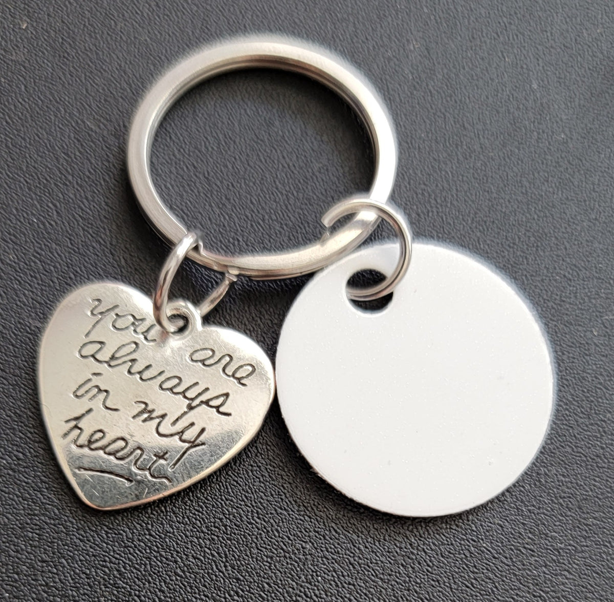 Always in my heart engraved charm keychain with round white disc