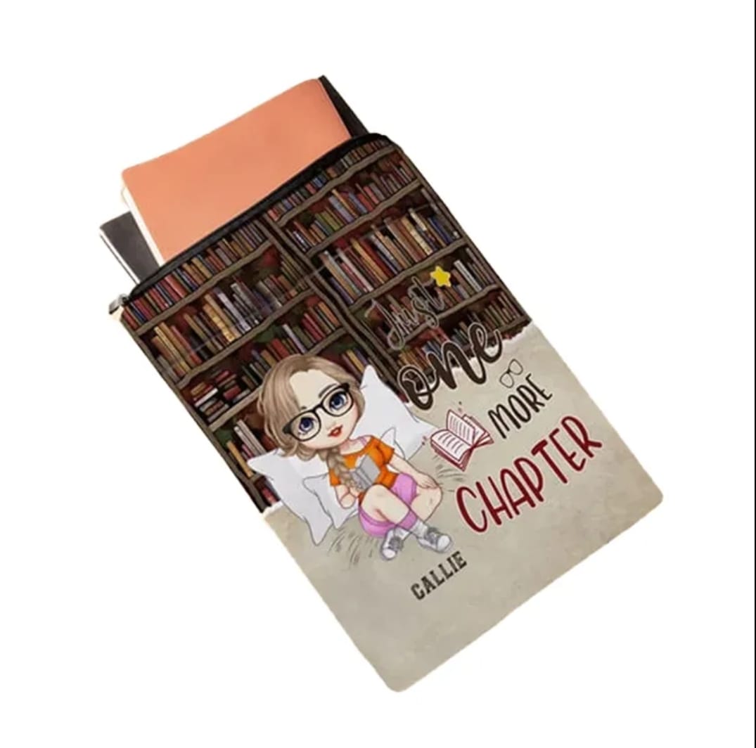 Printed linen-look book sleeve with top zipper and book-themed front design