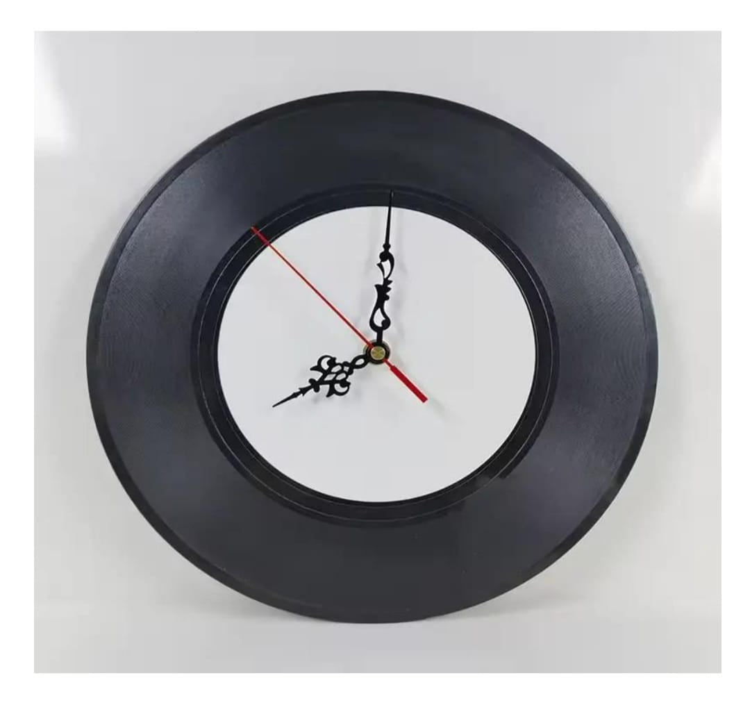 Black vinyl-record-style MDF clock with white centre and ornate hands