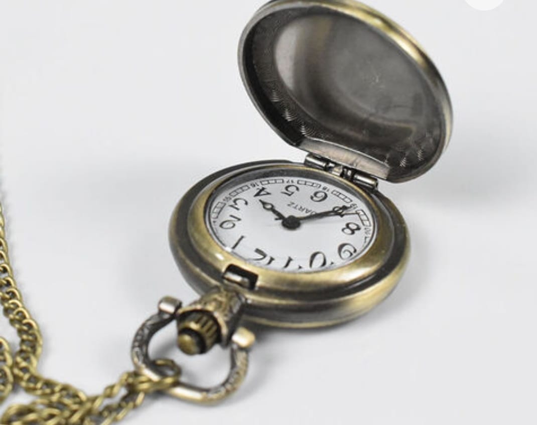 Open antique-brass-tone pocket watch blank with analogue face and chain