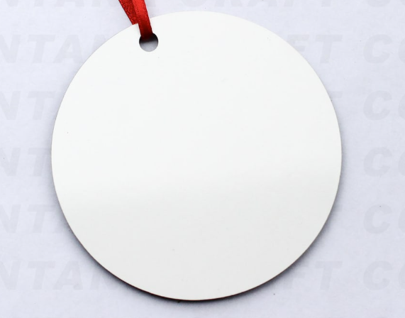 Plain white round ornament blank with top hanging hole and red ribbon for display