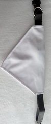 White triangular scarf and black buckle strap laid flat