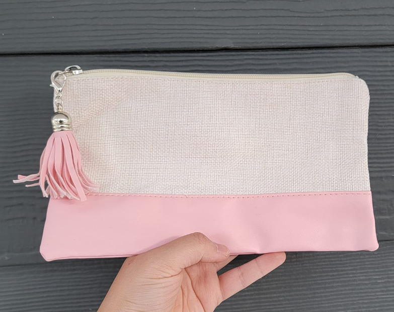 Sublimation Make-up Canvas purse with faux leather bottom and tassel