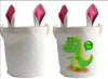 Sublimation Linen Easter Bags Pink Bunny Ears with Custom Dinosaur Print - Two Easter Basket Bags Showing Personalized Kids Design - Heat Press Printed Holiday Gift Bags - Wholesale Canada