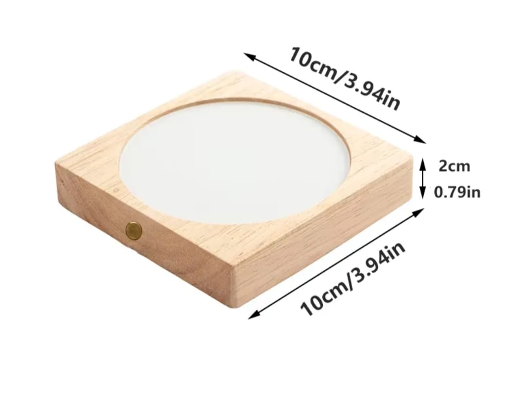 Round glass night-light disc and wooden base dimension diagram