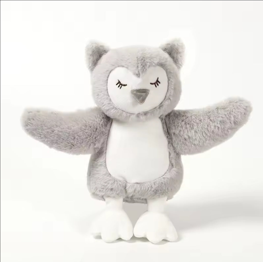 Grey owl sublimation plush stock image with white belly panel and white feet