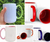 Collage of 15 oz white mugs with green, red, pink, orange and dark-blue handle-and-interior examples
