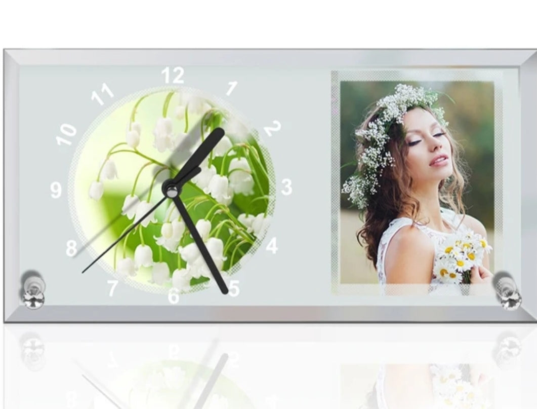 Glass mirror clock photo frame