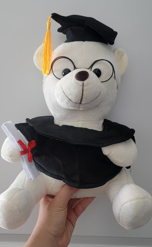 Grad teddy bear with sublimation shirt 12 inches with FREE black grad gown Front View - Sublimation Blank Canada | WestCoastCraft