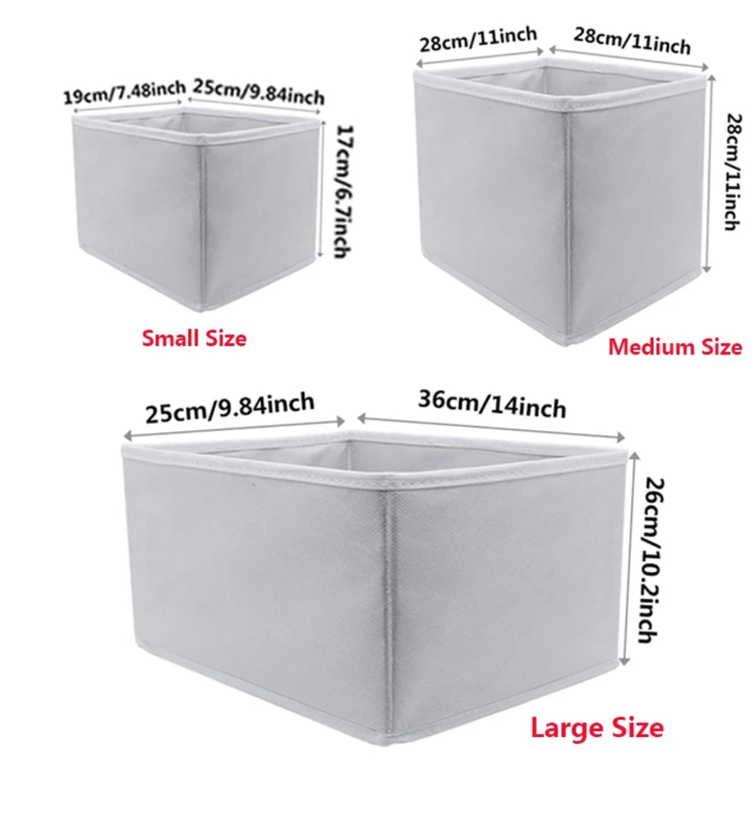 Small, Medium and Large white storage-box dimension comparison graphic