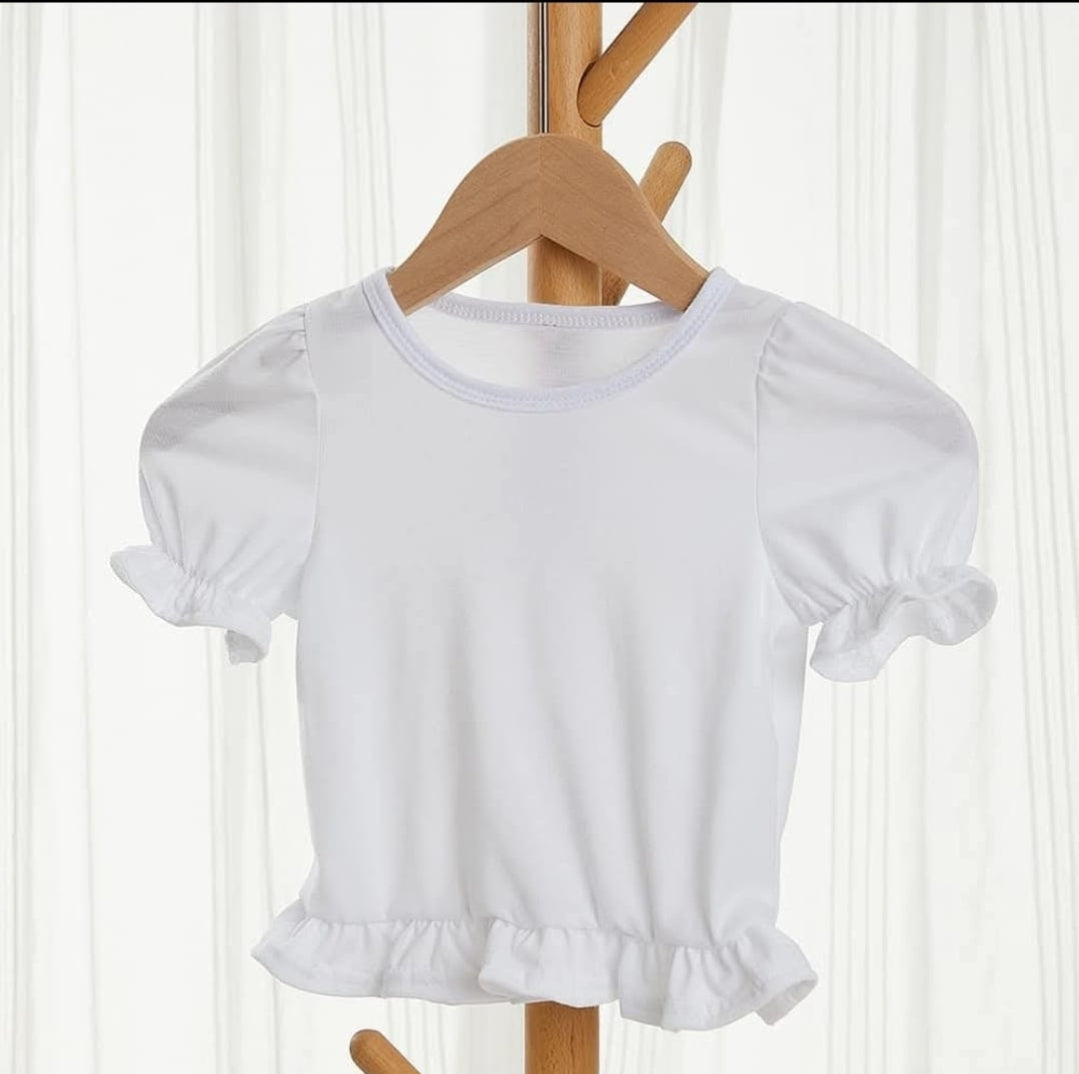 Plain white girls' tee with puff sleeves and ruffled hem
