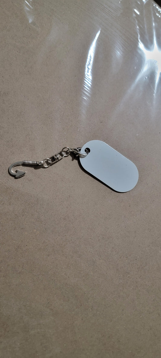 Fishing hook charm with dog tag aluminum disc