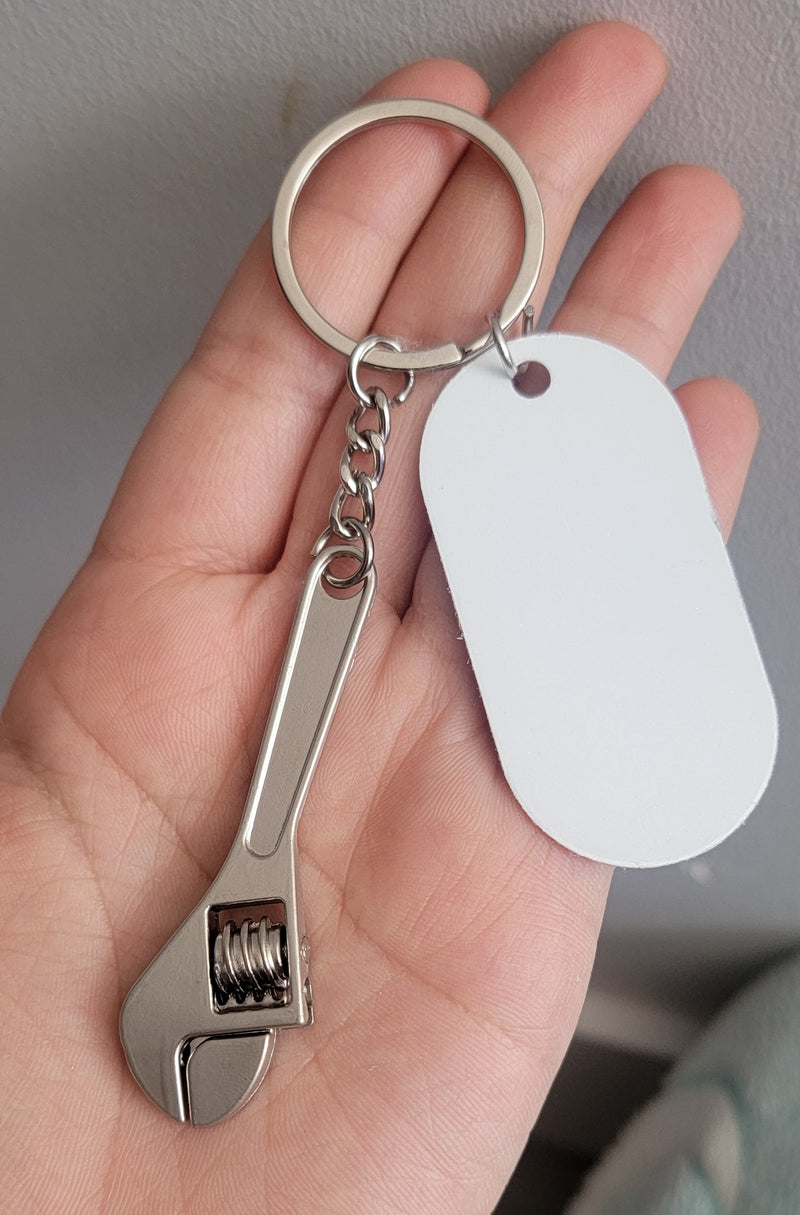 Wrench Keychain with Aluminum Oval Disc for Sublimation - Mini Tool Keychain with White Printable Dog Tag Insert - Custom Heat Press Gift for Dad Mechanic - Wholesale Sublimation Blanks Canada