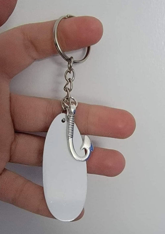 Fishing hook charm with dog tag aluminum disc