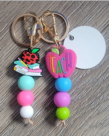 Teacher Silicone Beads Keychains with round aluminum sublimation disc