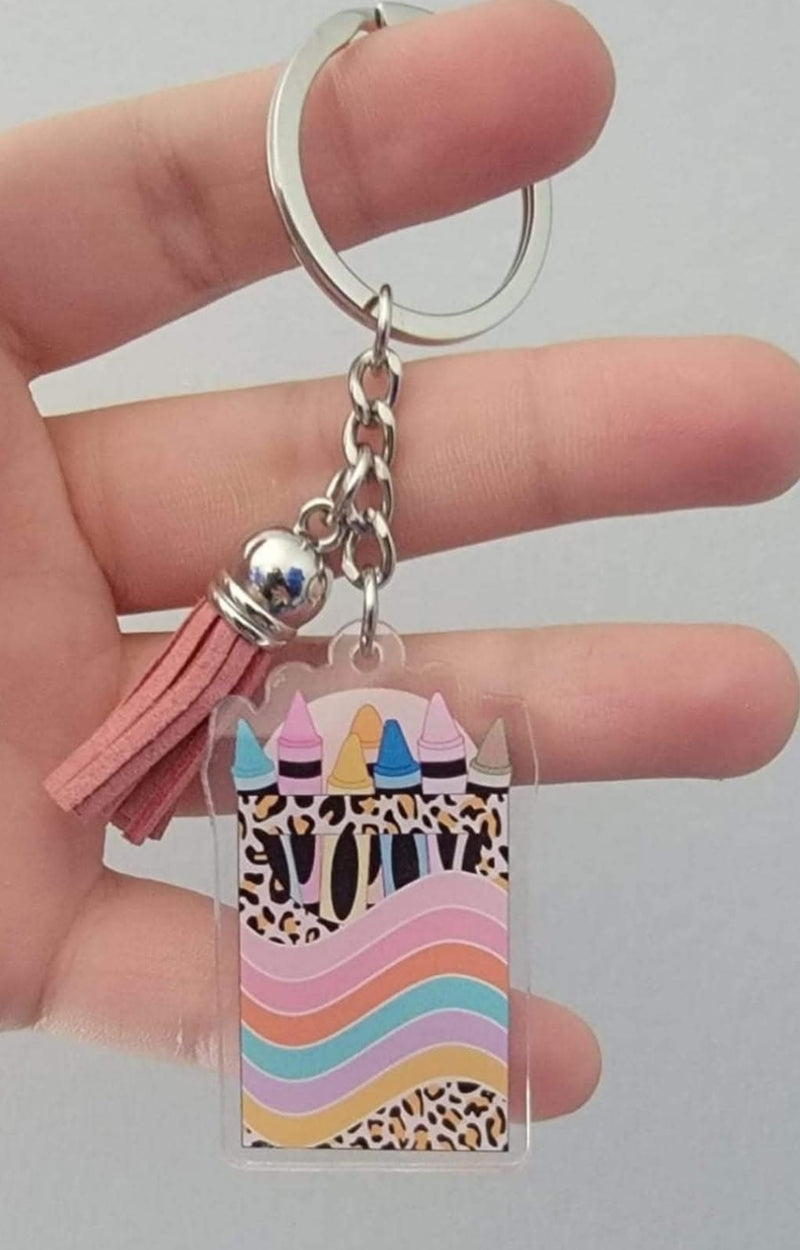 Pre printed crayon design on acrylic keychain